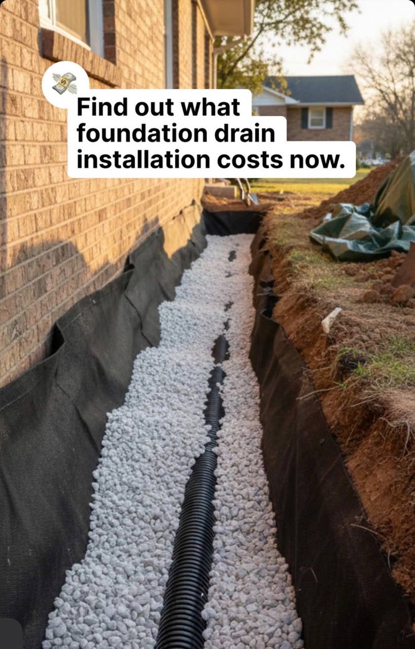 Perforated drainage pipe installation in excavated trench